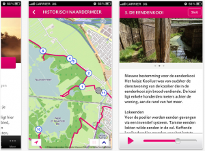 Printscreen van de nieuwe iphone-app met wandelroutes van Natuurmonumenten